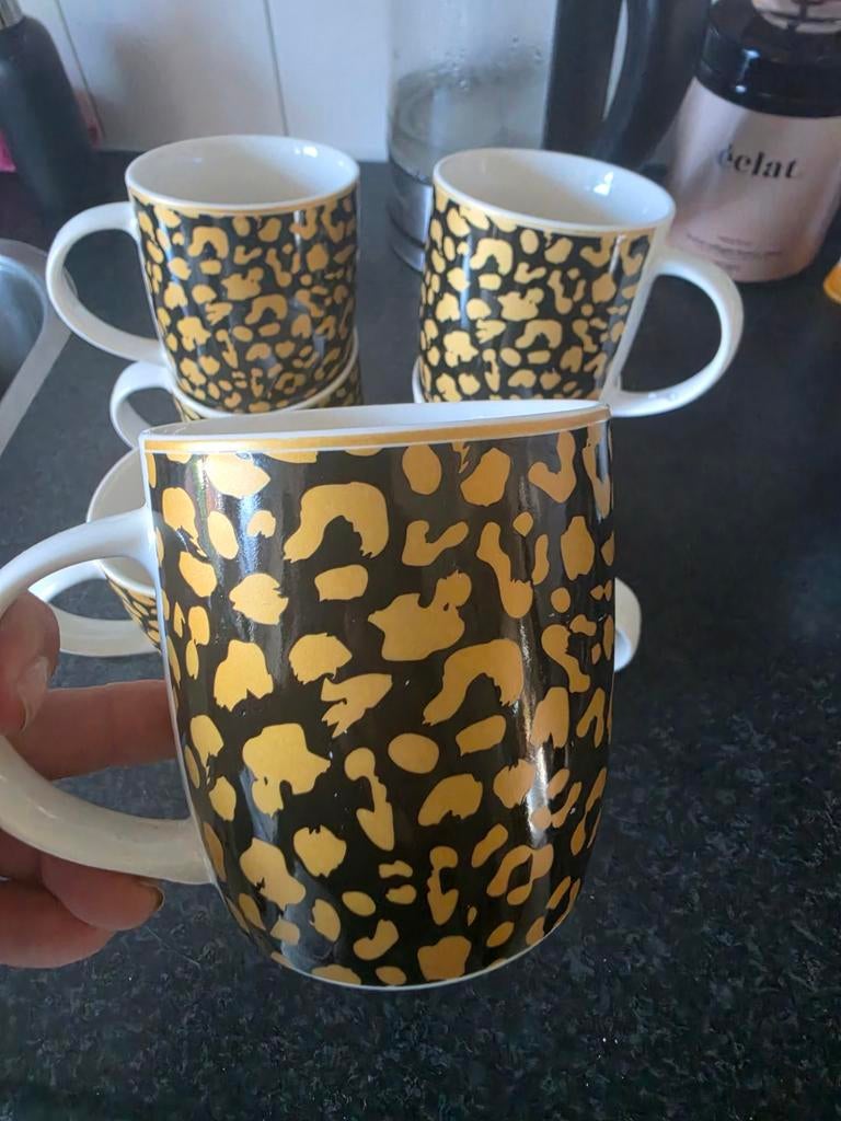 7 Siaki leopard print (goud/zwart) mokken 250ml, Huis en Inrichting, Keuken | Servies, Ophalen of Verzenden, Keramiek, Overige stijlen