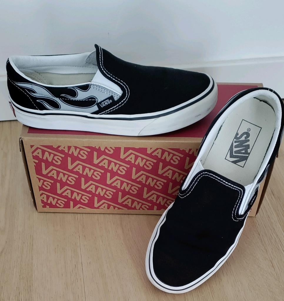 Vans Slip-ons maat 37 zwart silver flame, Gebruikt, Vans, Jongen of Meisje, Schoenen