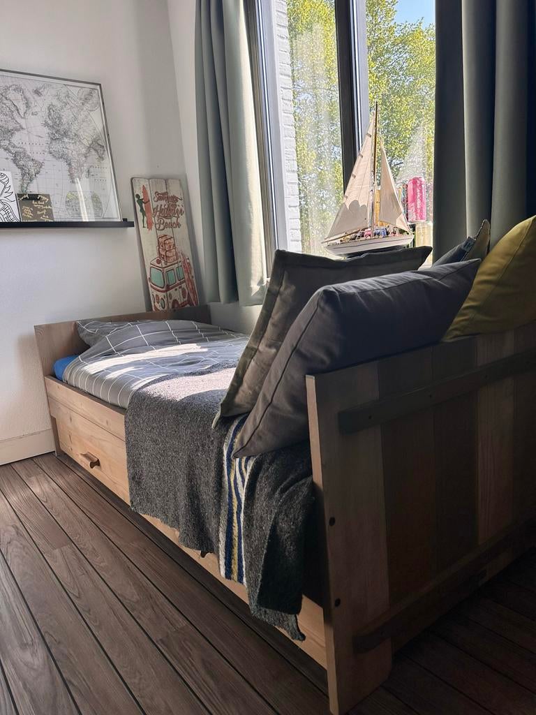 Bopita bed grijs 90x200 met lattenbodem en opbergruimte, Ophalen, 90 cm, Eenpersoons, 200 cm