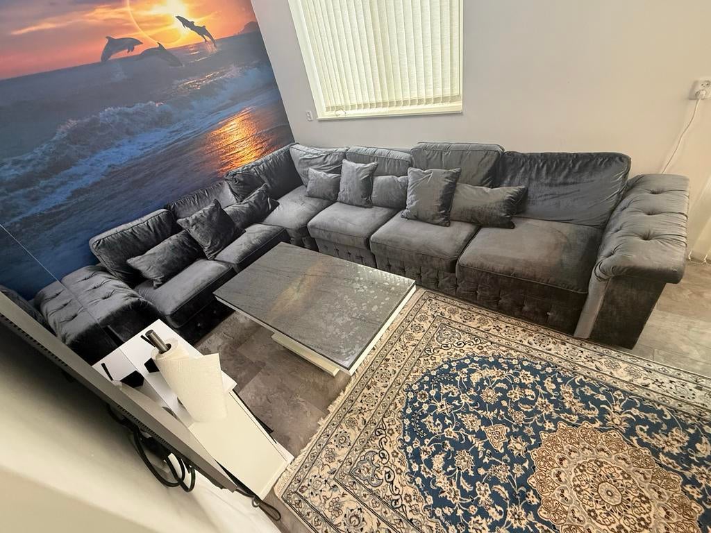 Grijze hoekbank, Ophalen, Gebruikt, 100 tot 125 cm, Hoekbank