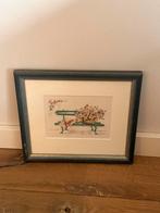 Geborduurd schilderij met bloemen en bankje in lijst, Ophalen of Verzenden