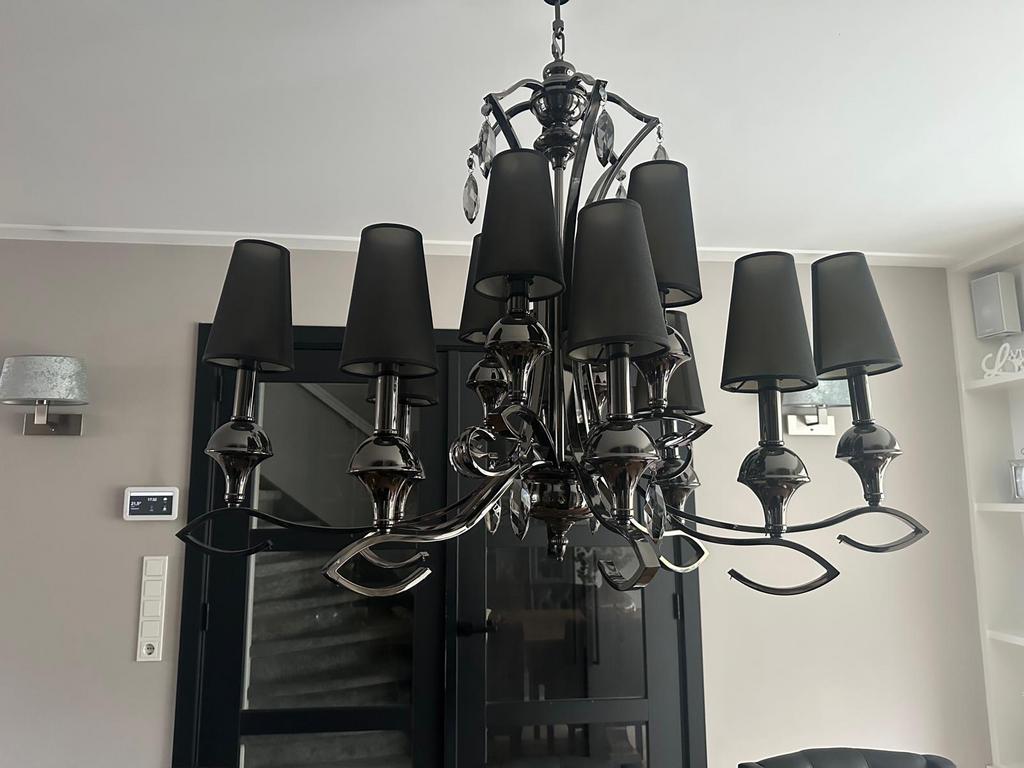 Kroonluchter met zwarte kappen, Huis en Inrichting, Lampen | Kroonluchters, Ophalen of Verzenden, Zo goed als nieuw, Metaal