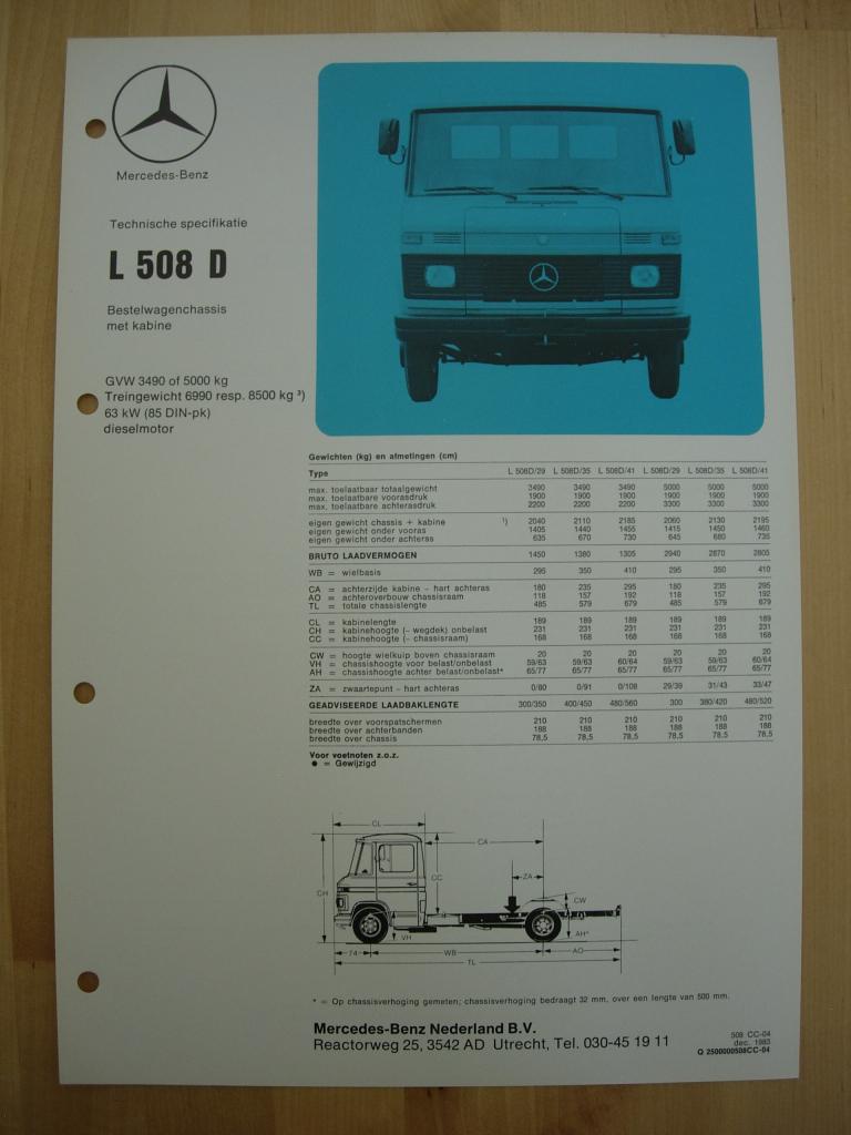 Mercedes 508 D Technische Specificatie Brochure 1983 508D, Zo goed als nieuw, Mercedes-Benz, Mercedes, Ophalen of Verzenden