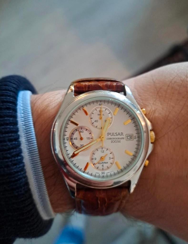 Pulsar Chronograph 100M horloge met leren band, Ophalen of Verzenden