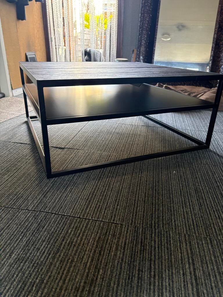 Salontafel zwart metaal met eiken blad, Ophalen, Vierkant, 50 tot 100 cm, Zo goed als nieuw