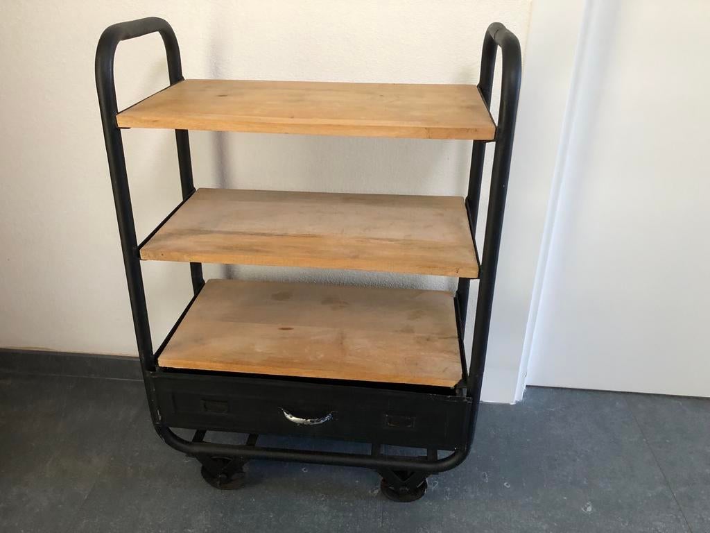 Metalen trolley met 3 houten planken en lade, Huis en Inrichting, Ophalen, Zo goed als nieuw