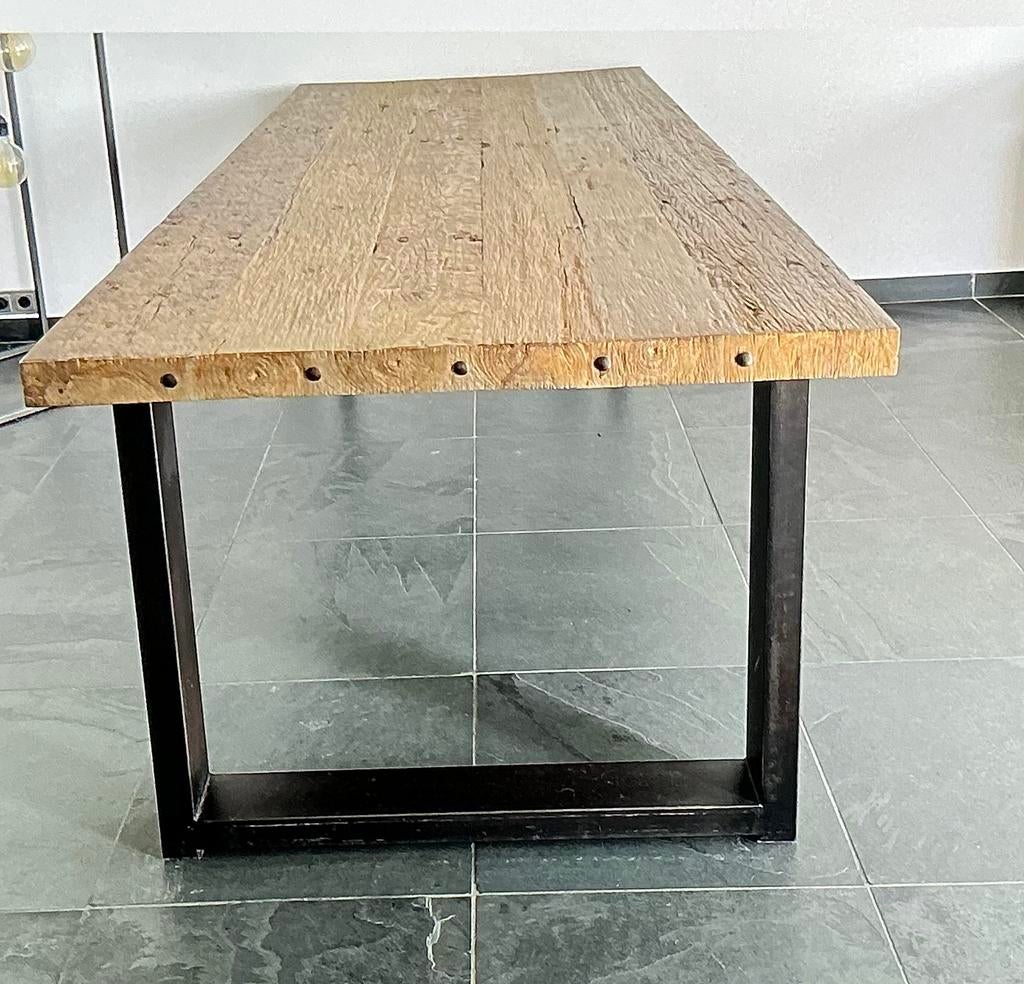 Industriële eettafel met stalen poot - 240x100 cm, 100 tot 150 cm, 200 cm of meer, Ophalen of Verzenden, Zo goed als nieuw