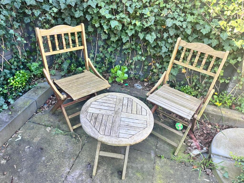 Inklapbaar houten tuinset, 2 zitplaatsen, Gebruikt, Eettafel, Ophalen of Verzenden
