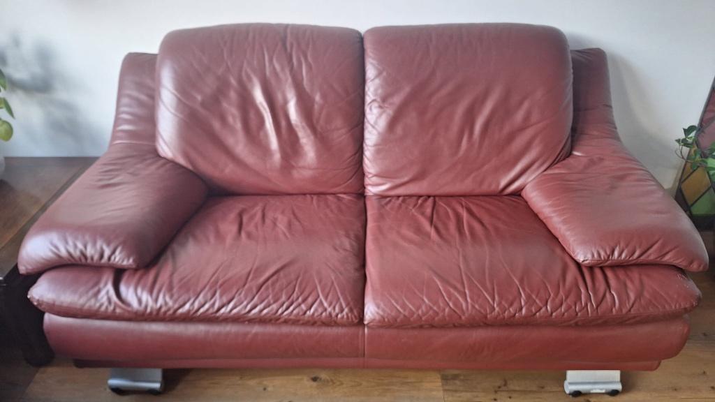 Rood leren bankstel, Huis en Inrichting, Ophalen, Gebruikt, 150 tot 200 cm, Tweepersoons