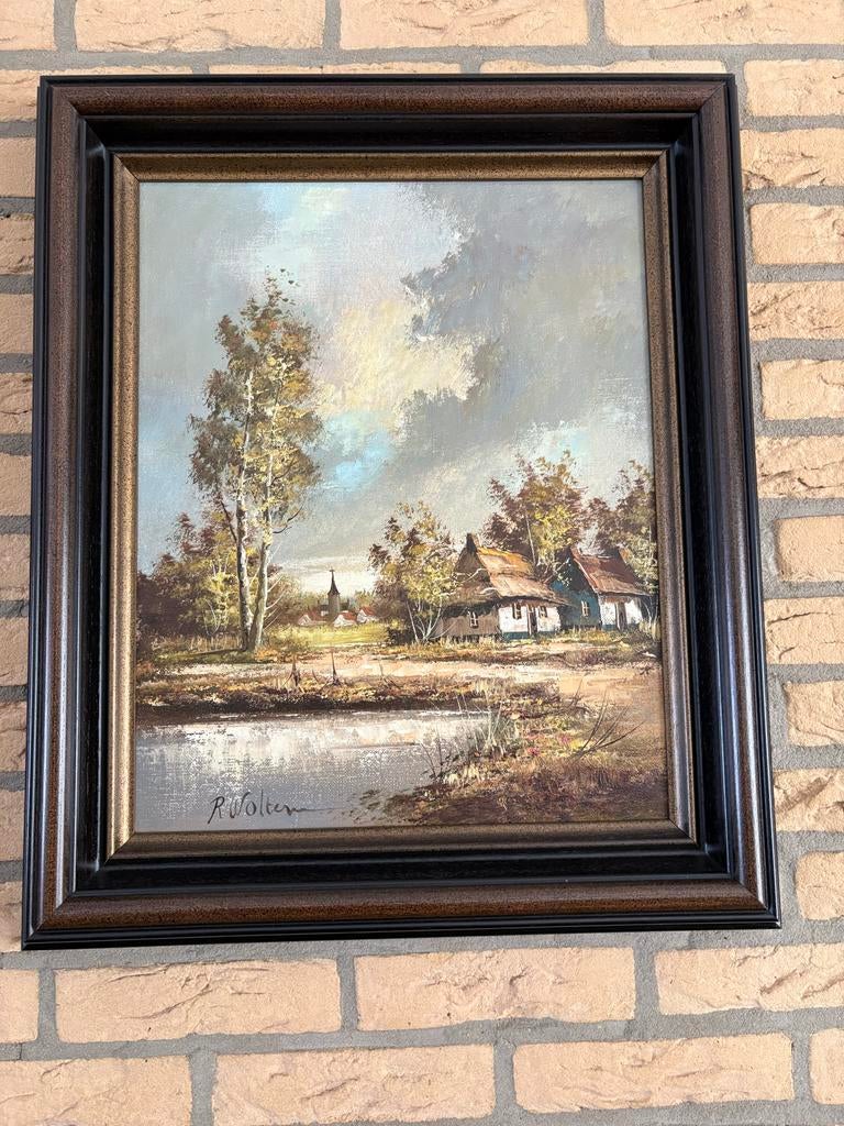 Schilderij landschap met boerderij en vijver, Antiek en Kunst, Kunst | Schilderijen | Klassiek, Ophalen