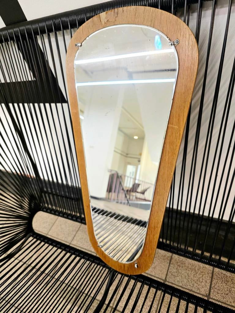 Vintage 50s/60s Mid-Century Asymmetric Teak Mirror -Spiegel, Ophalen of Verzenden, Overige vormen, Minder dan 50 cm, Minder dan 100 cm