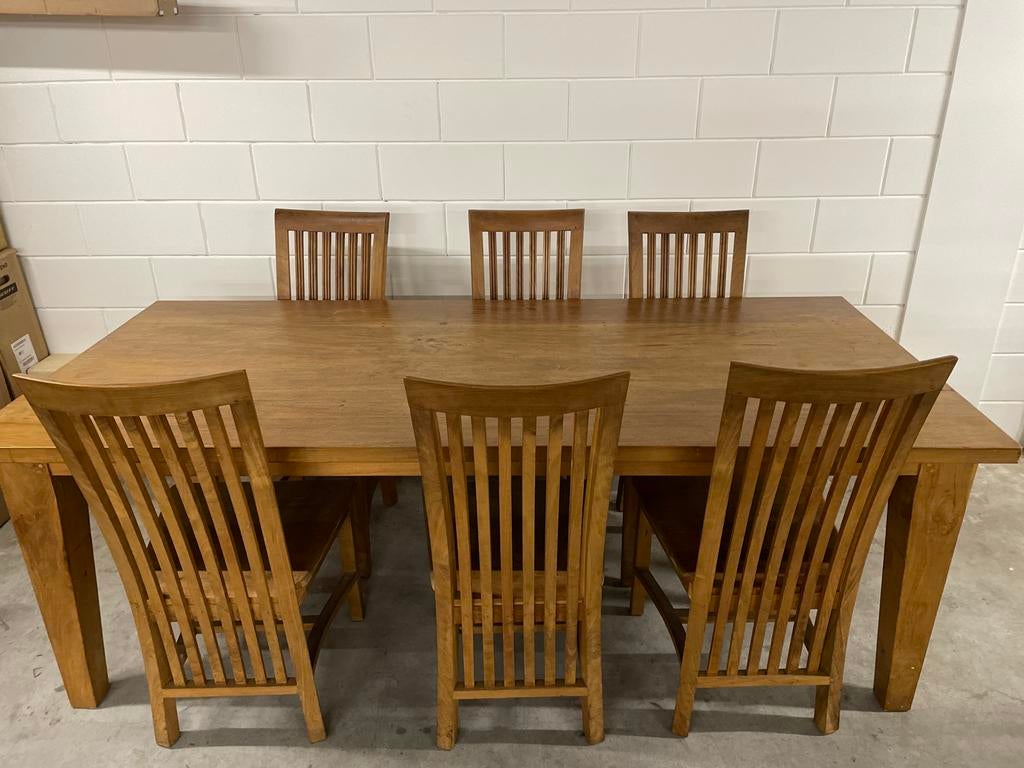 Eettafel met 6 stoelen - 220x90 cm, Huis en Inrichting, Tafels | Eettafels, Gebruikt, 200 cm of meer, Vijf personen of meer, Rechthoekig