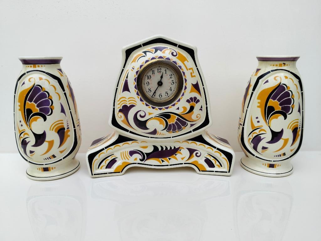 Art Deco/Nouveau klokkenset met vazen (schouwstel), Ophalen of Verzenden