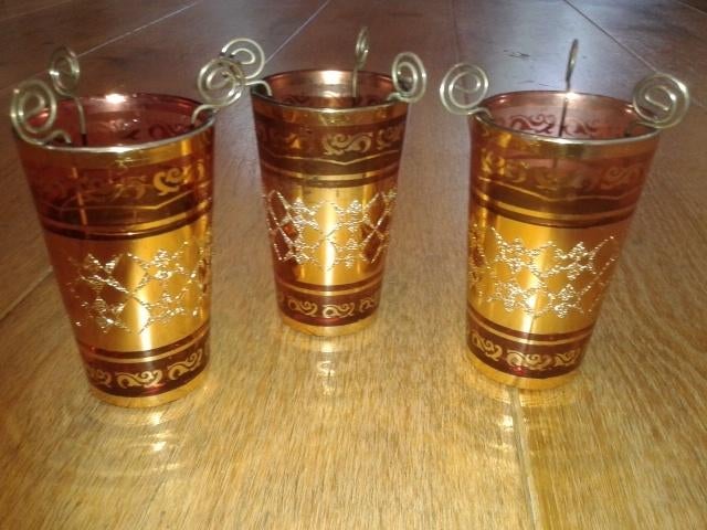 Drie Waxine lichthouders goud met bruin glas, Overige materialen, Bruin, Ophalen of Verzenden, Zo goed als nieuw