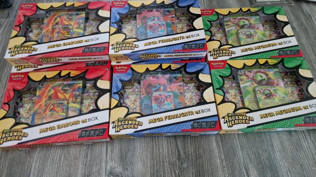 Ascended Heroes Ex Box Feraligatr Meganium Emboar Pokemon, Hobby en Vrije tijd, Verzamelkaartspellen | Pokémon, Ophalen, Nieuw