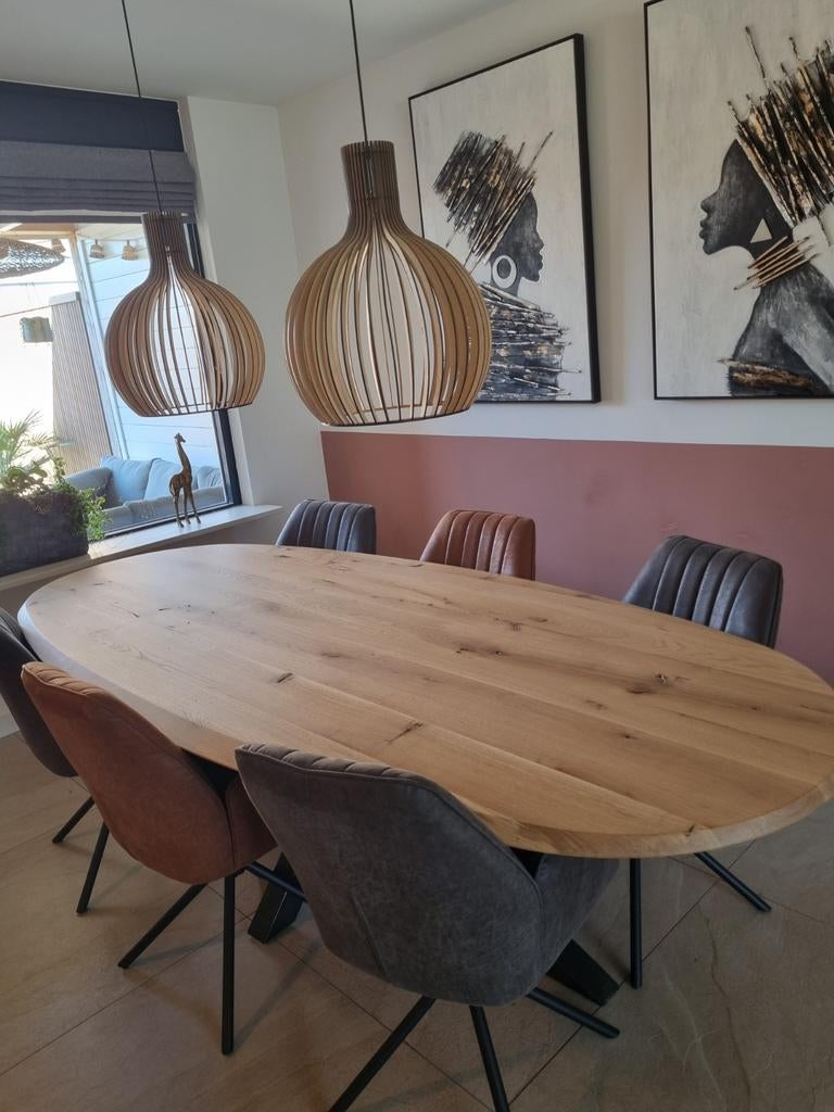 Ovale eiken eettafel met spinpoot (260x120 cm), Huis en Inrichting, Tafels | Eettafels, Ophalen, Gebruikt, 100 tot 150 cm, 200 cm of meer