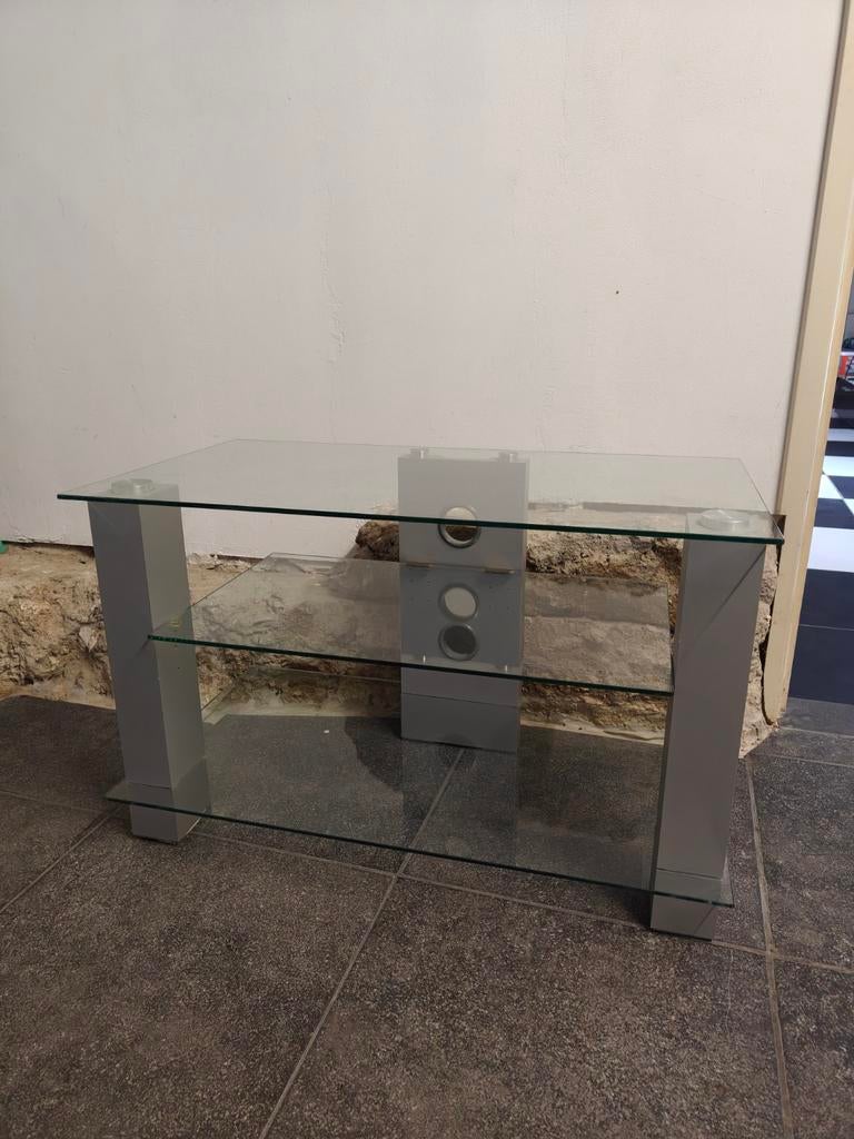 Glazen tv meubel met aluminium poten, Ophalen, 50 tot 100 cm, Minder dan 100 cm, Modern