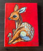 Vintage Tegel met Hert / Bambi en rode achtergrond rood, Ophalen of Verzenden