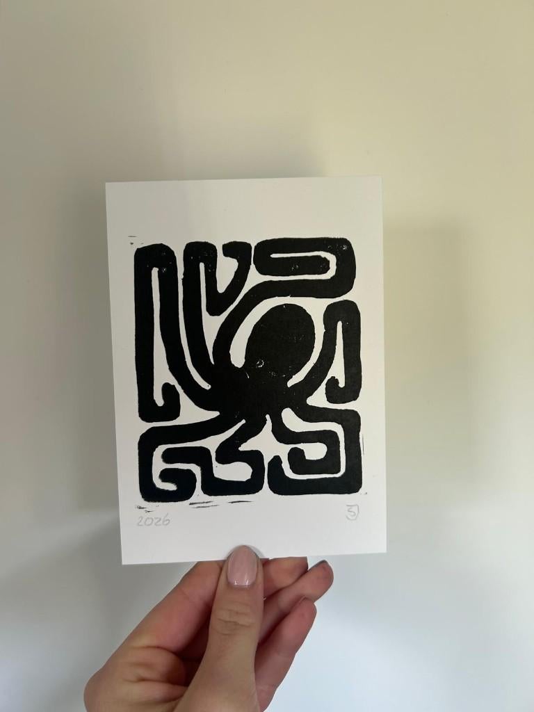 Octopus linoleum print handgemaakt, 2000 tot heden, Overige technieken, Ophalen of Verzenden, Flora en Fauna