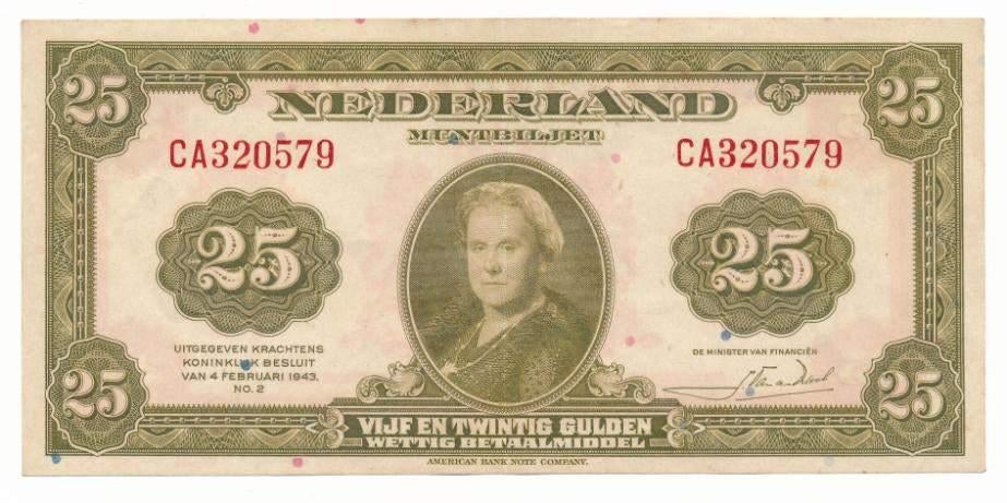 Nederland 25 gulden 1943 Wilhelmina, Ophalen of Verzenden, 25 gulden, Los biljet