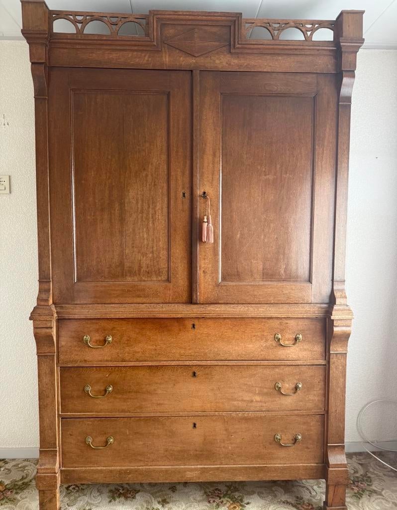 Vintage Hollands Kabinet - Houten Kast - DIY in jouw kleur, Ophalen, Gebruikt, 100 tot 150 cm, 200 cm of meer