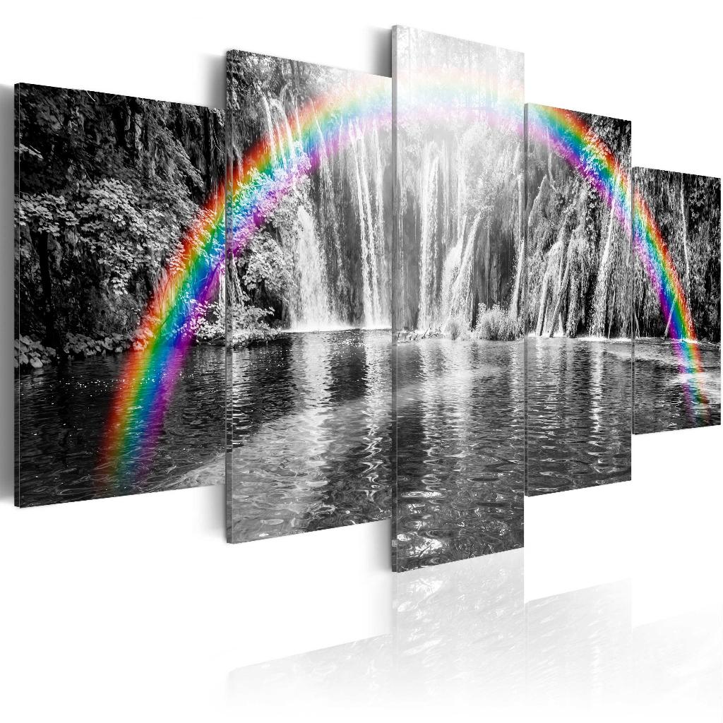50 Regenboog Waterval Paradijs 5 Luik Canvas XXL Schilderij, Ophalen of Verzenden