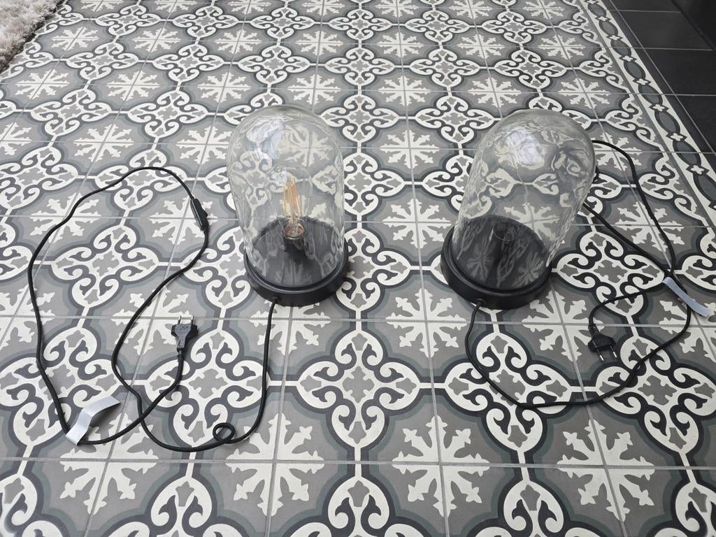 Tafellamp stolp zwart hout en glas, Huis en Inrichting, Lampen | Tafellampen, Ophalen, Glas, Minder dan 50 cm