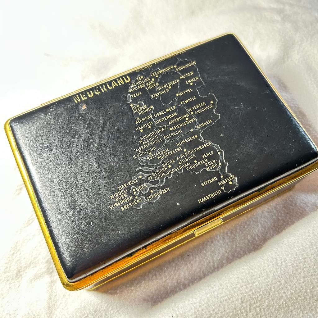 Vintage leren sigaretten sigaren doos zwart kaart Nederland, Gebruikt, Ophalen of Verzenden, X, X