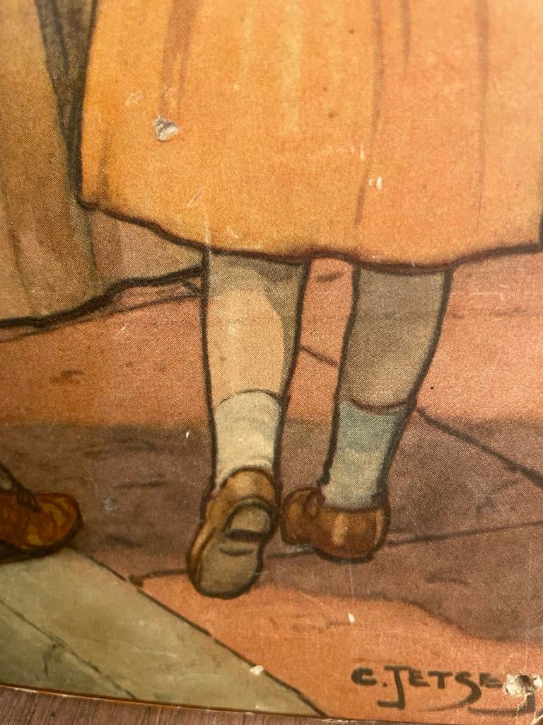 Vintage schoolplaat 'Lente in het dorp' - C. Jetses, Antiek en Kunst, Antiek | Schoolplaten, Ophalen of Verzenden, Stad- en Dorpsgezichten