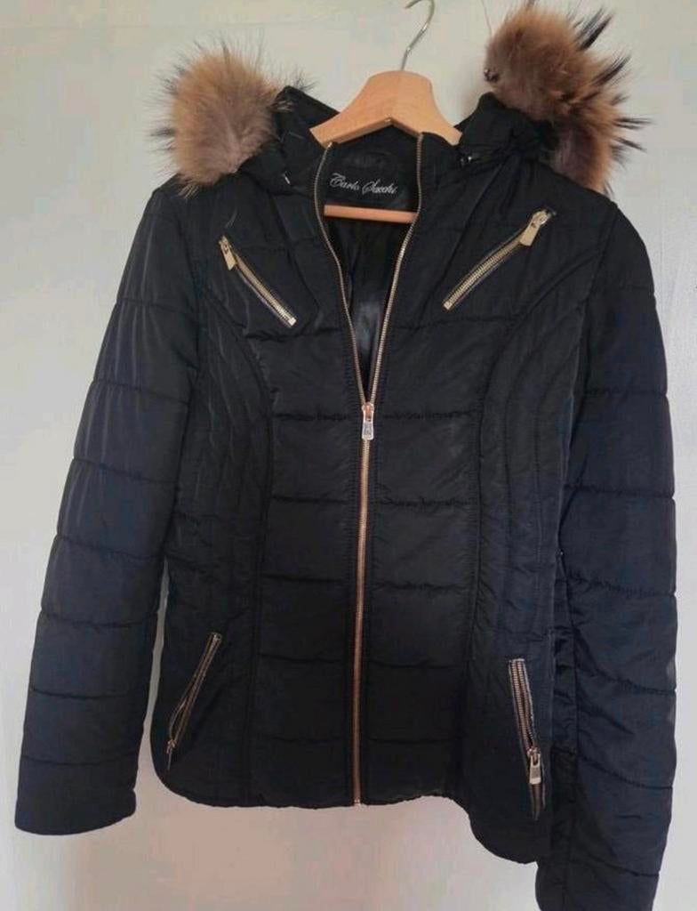 Carlo Sacchi winterjas met bontkraag maat M, Ophalen of Verzenden, Gedragen, Maat 42/44 (L), Zwart