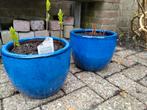 2 bloempotten geglazuurd aardewerk blauw, Ophalen, Steen, Minder dan 30 cm, Rond