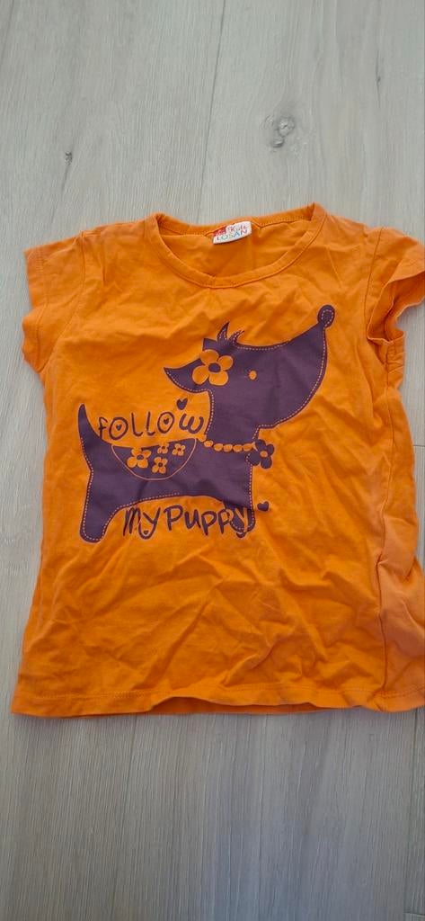 Oranje T-shirt met paars hondje - Maat 110, Gebruikt, Meisje, Ophalen of Verzenden, Losan Kids