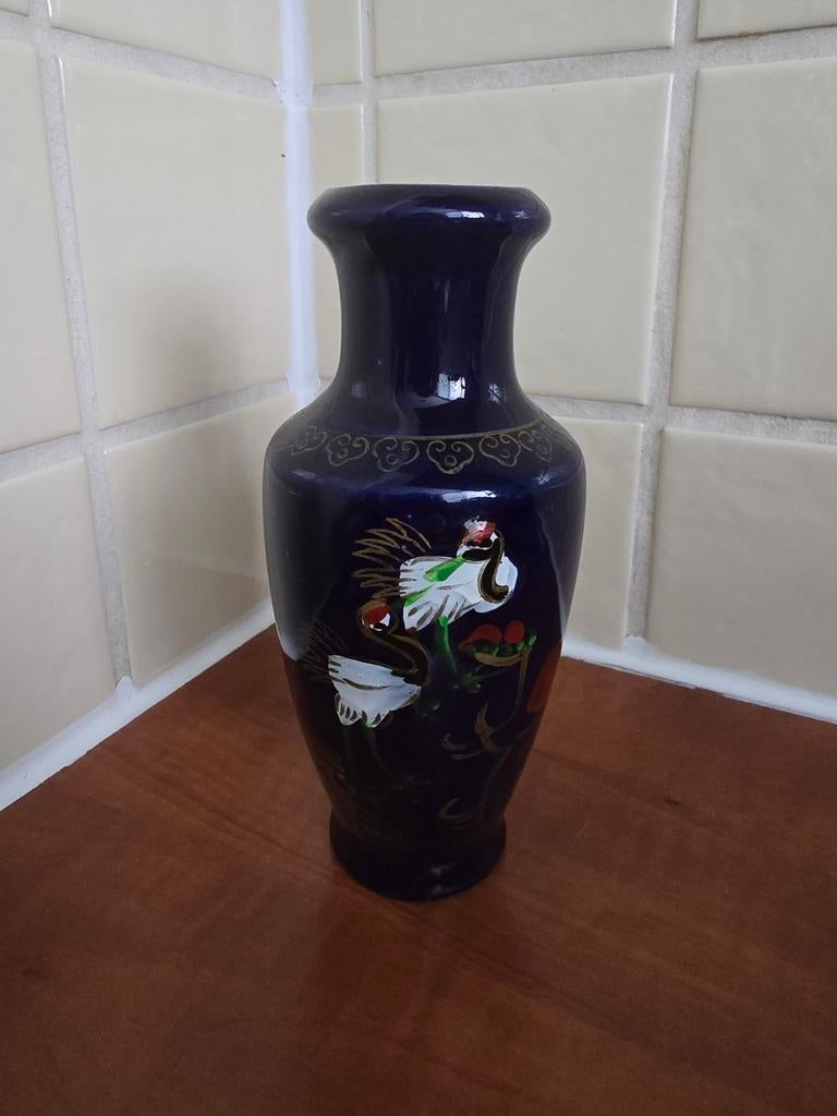 Vintage Kobaltblauwe Vaas met Kraanvogels - Oosters Design, Antiek en Kunst, Antiek | Vazen, Ophalen