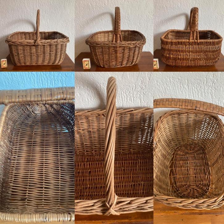 vier cottage gevlochten rieten draagmandjes draagbaar mandje, Huis en Inrichting, Woonaccessoires | Schalen en Manden, Gebruikt