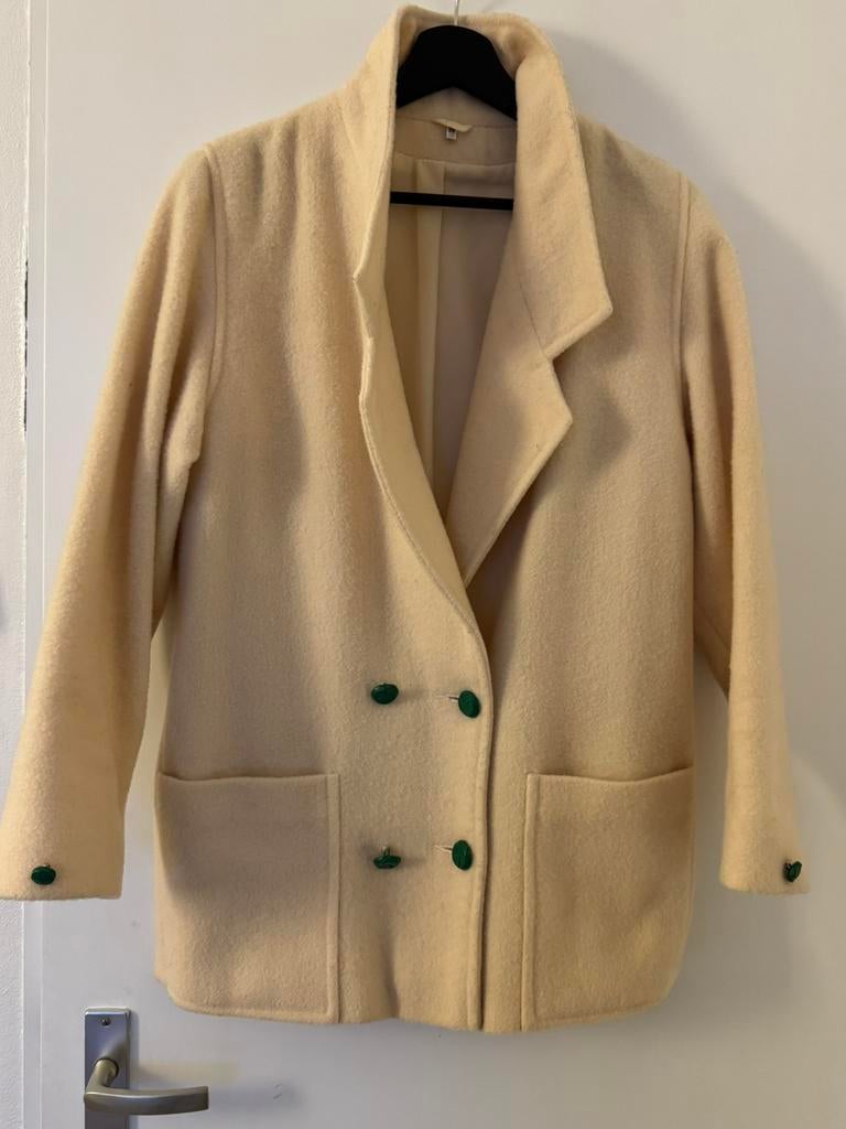 Mooie crème vintage caban coat korte trench 100% wol 36, Ophalen of Verzenden, Zo goed als nieuw, Maat 36 (S), Groen