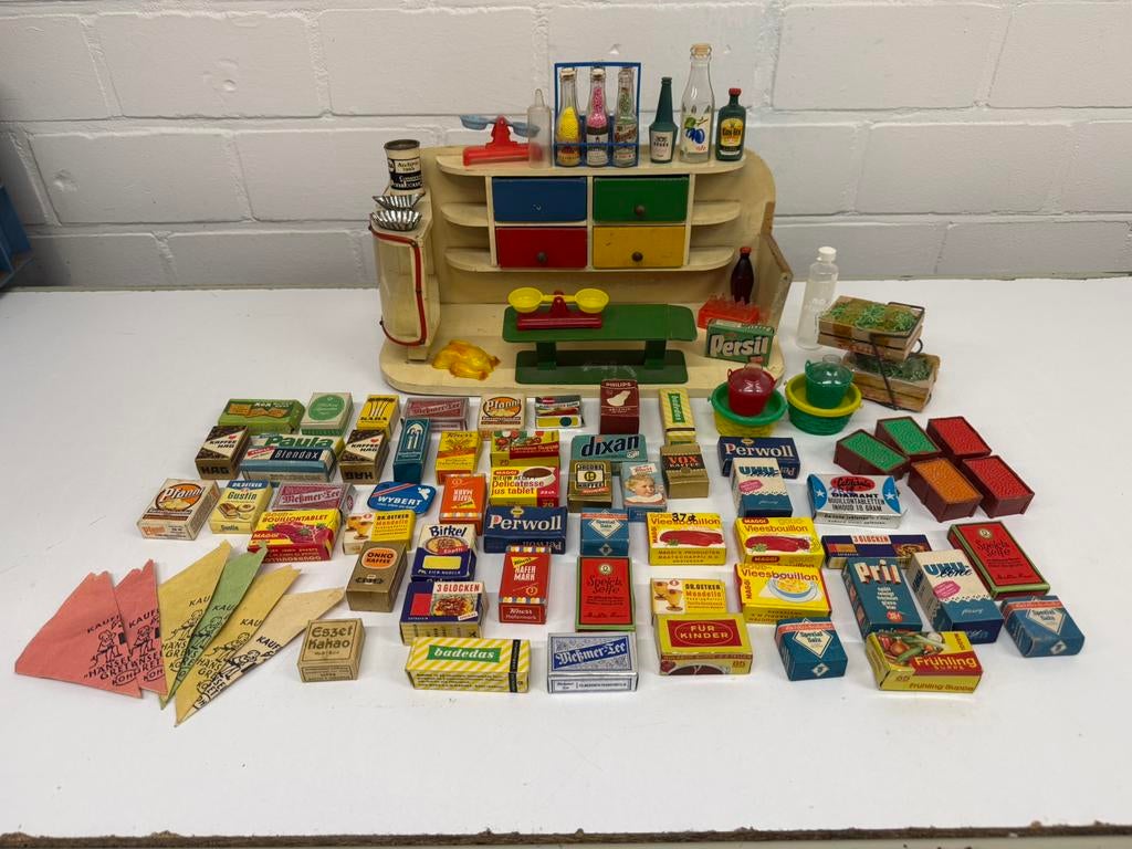 Oud antiek speelgoed winkeltje kruidenier reclame blikje, Ophalen of Verzenden