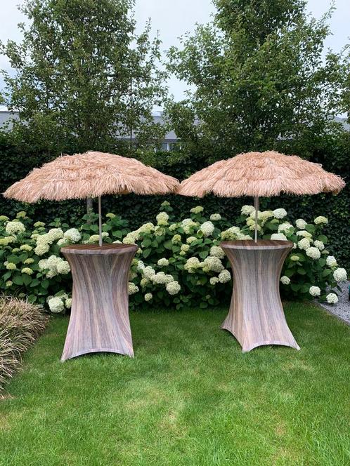 Statafel met raffia parasol set huur 12,50 per stuk tafels, Hobby en Vrije tijd, Feestartikelen | Verhuur, Zo goed als nieuw, Overige
