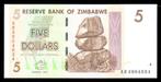 Bankbiljet - Zimbabwe 5 Dollar 2007 - UNC, Ophalen of Verzenden, Zimbabwe, Los biljet