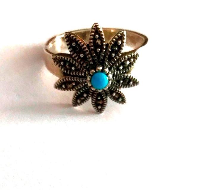 Antieke 925 zilveren ring bezet met markasietjes / edelsteen, Sieraden, Tassen en Uiterlijk, Antieke sieraden, Ring, Zilver, Met edelsteen