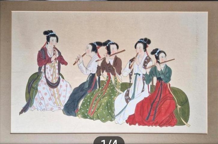 FLUITSPELERS op rijstpapier, ingelijst met zuurvrij papier, Antiek en Kunst, Kunst | Niet-Westerse kunst, Ophalen