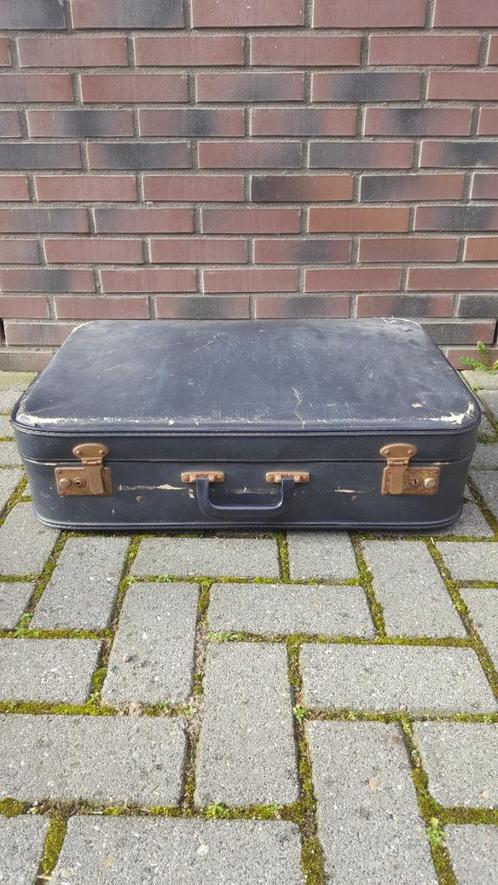Brocante antieke koffer, blauw leer, hout van binnen. S8, Sieraden, Tassen en Uiterlijk, Koffers, Gebruikt, Leer, Minder dan 50 cm