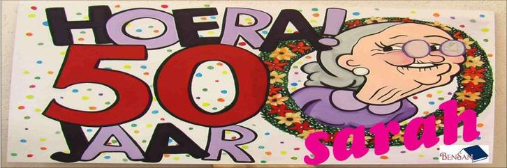 sarah spandoek banner 50 jaar blikvanger bensan enter, Hobby en Vrije tijd, Feestartikelen | Verhuur, Zo goed als nieuw, Abraham of Sarah