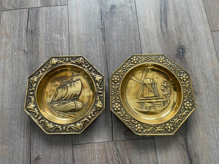 Koperen schoorsteenbordjes – molen & scheepje – jaren 50 60, Antiek en Kunst, Antiek | Koper en Brons, Koper, Ophalen of Verzenden