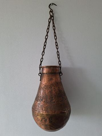 oude koperen waterfles water ketel hand gegraveerd h 34/70cm beschikbaar voor biedingen