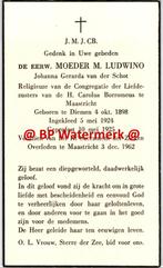 Schot van der Johanna 1898 Diemen 1962 Maastricht zr Ludwing, Verzamelen, Bidprentjes en Rouwkaarten, Bidprentje, Ophalen of Verzenden