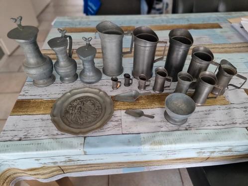 Grote set tinwerk 92% – kannen, bekers, wandbord en meer, Antiek en Kunst, Antiek | Tin, Ophalen of Verzenden