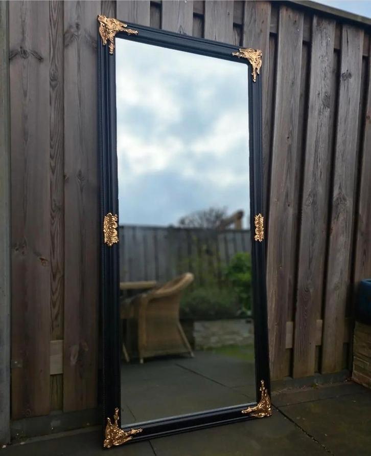 Zwart met gouden spiegel passpiegel met facet hotelchique, Huis en Inrichting, Woonaccessoires | Spiegels, Nieuw, Minder dan 50 cm
