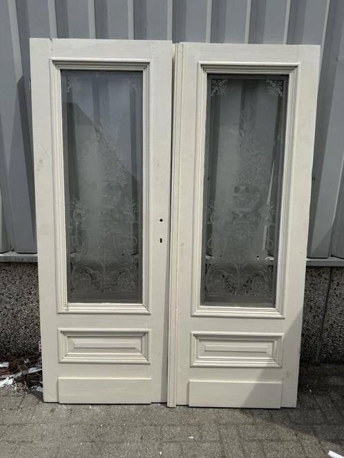 Prachtige antieke ensuitedeuren met geetst glas, Doe-het-zelf en Verbouw, Deuren en Horren, Zo goed als nieuw, Binnendeur, 200 tot 215 cm