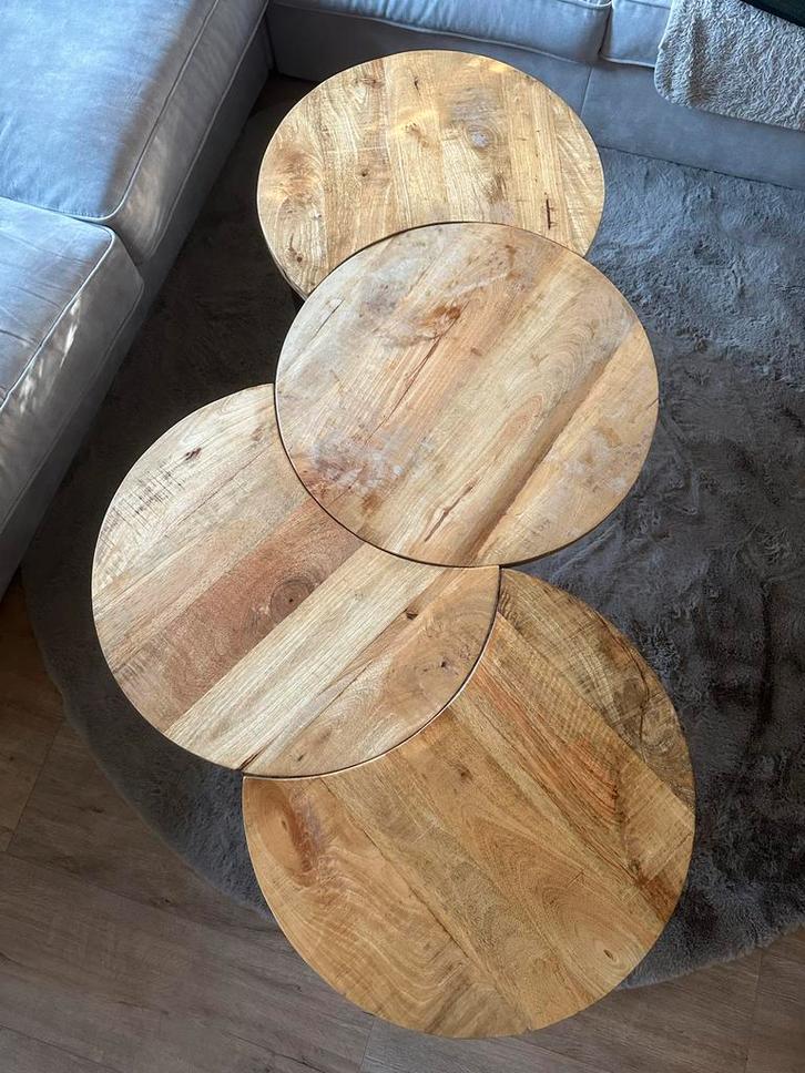 4 delige salontafel mangohout, Huis en Inrichting, Tafels | Salontafels, Gebruikt, Minder dan 50 cm, 50 tot 100 cm, Rond, Overige houtsoorten