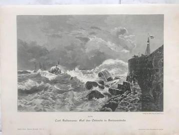 Antieke gravures boten, branding, redding, 1890, 32x23cm. beschikbaar voor biedingen